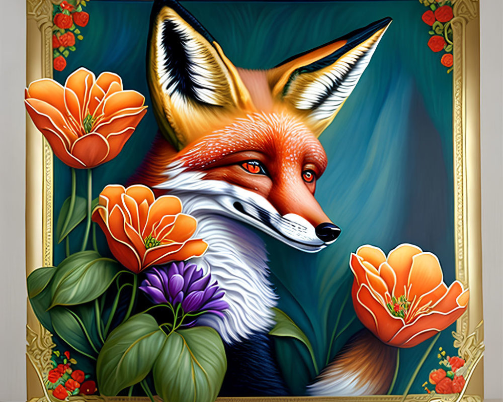 Fox portrait with orange flowers and greenery in golden frame