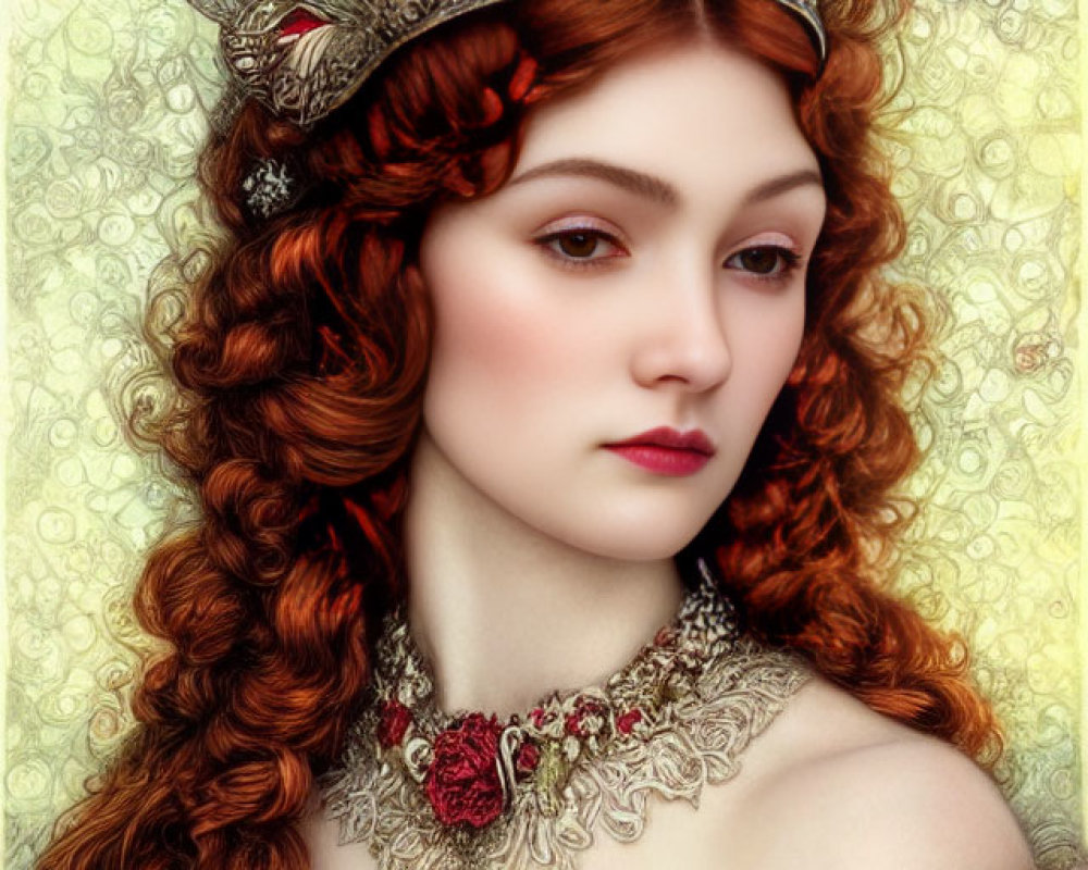 Portrait of Woman with Auburn Curls and Elaborate Crown in Red Rose Garment