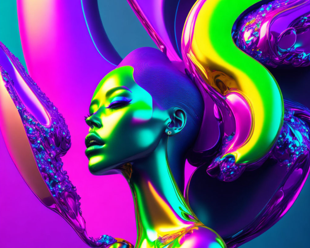 Colorful digital art: metallic skin model with neon abstract shapes