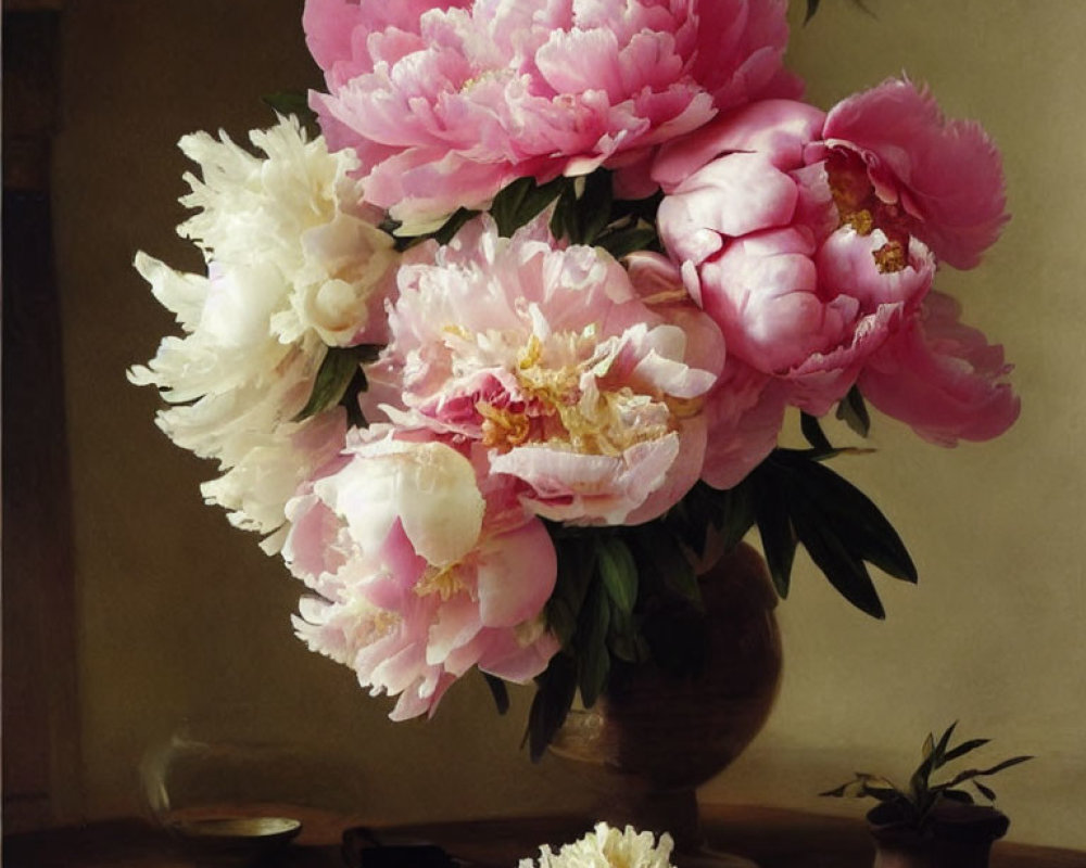 Colorful Still Life Painting with Pink and White Peonies and Bonsai