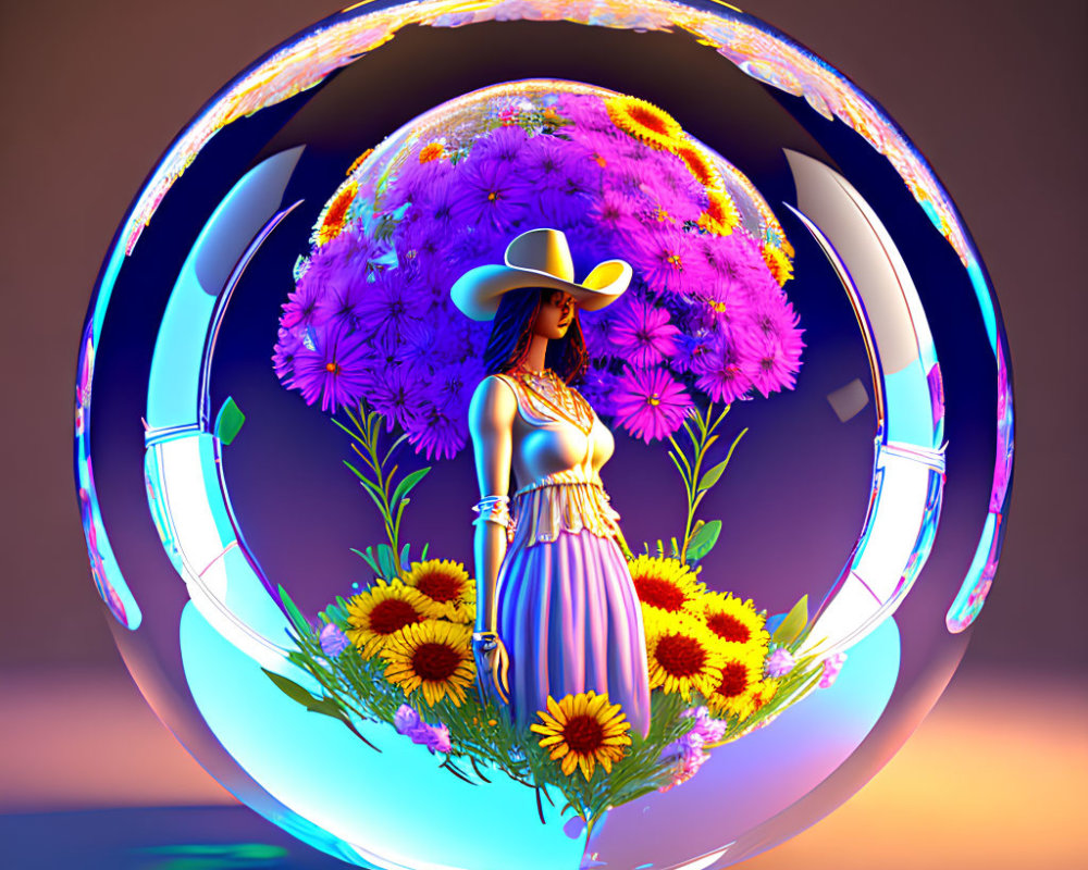 Woman in white dress and hat surrounded by purple and sunflowers in transparent bubble