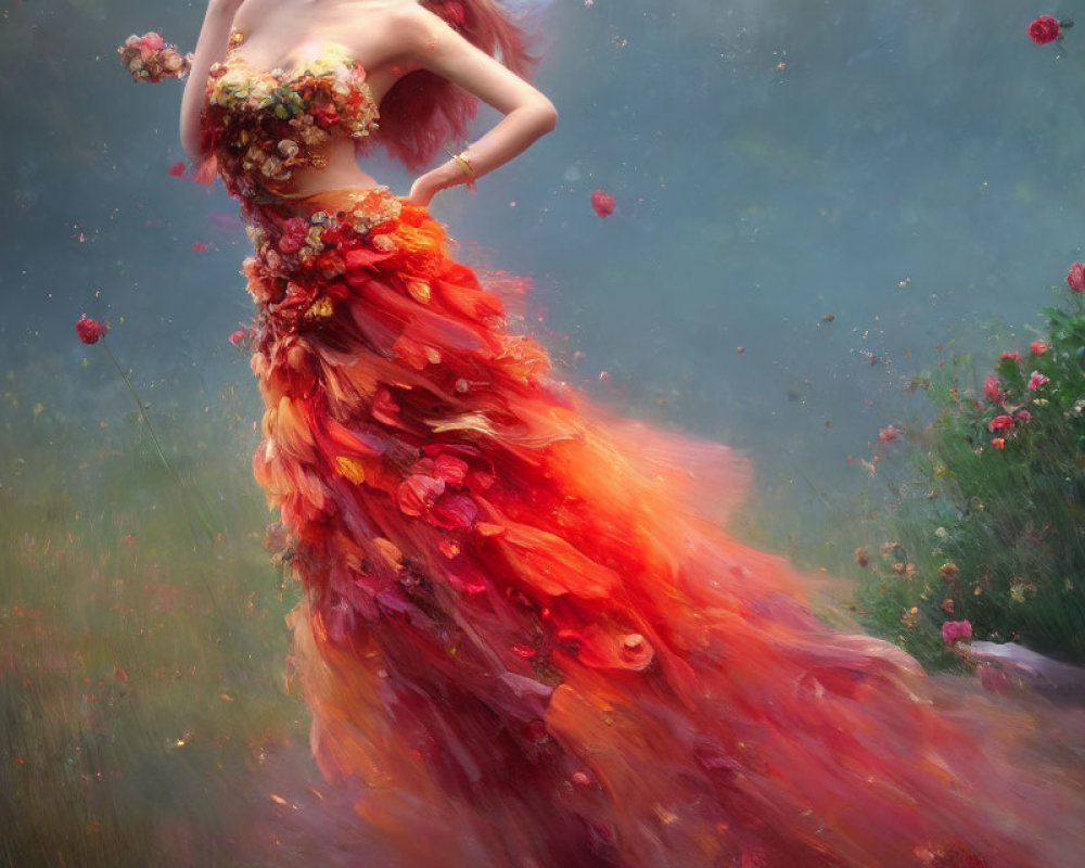 Person in Flowing Dress with Bright Flowers in Dreamy Meadow