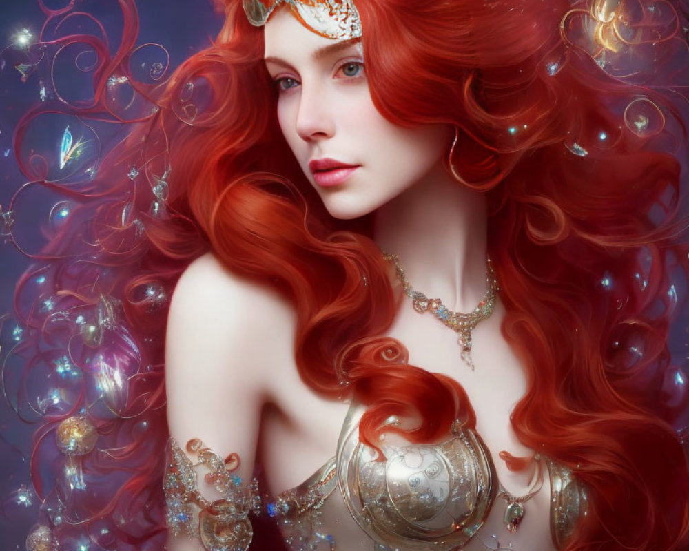 Portrait of woman with red hair, jewelry, bubbles, and butterflies