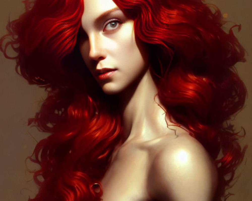 Digital artwork: Woman with flowing red hair and fair skin, serene expression