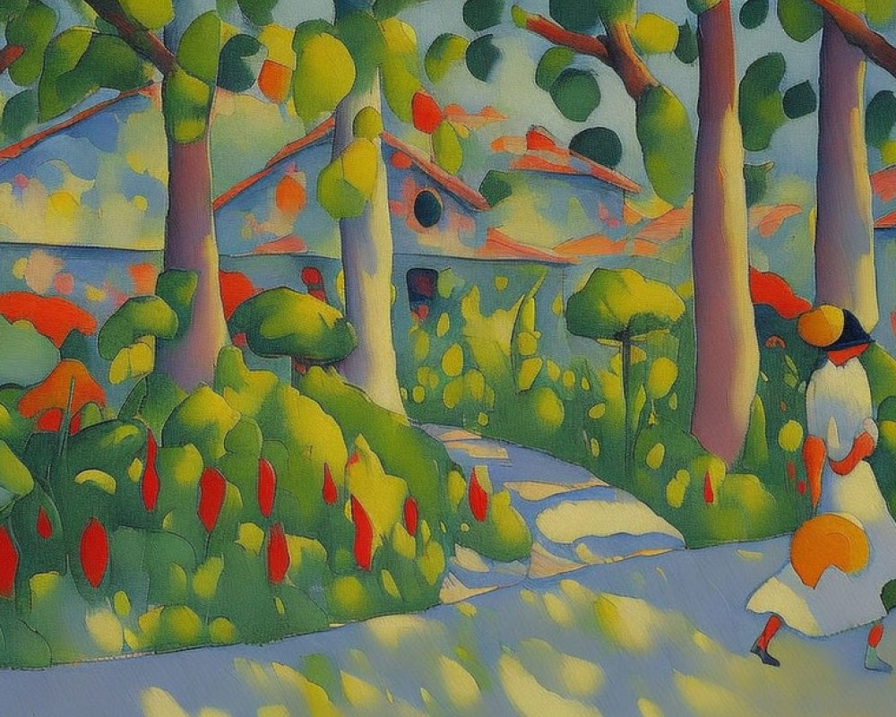 Vibrant painting of person walking in lush garden