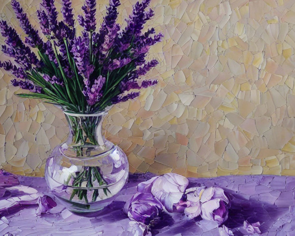 Colorful oil painting of glass vase with lavender and petals on purple background