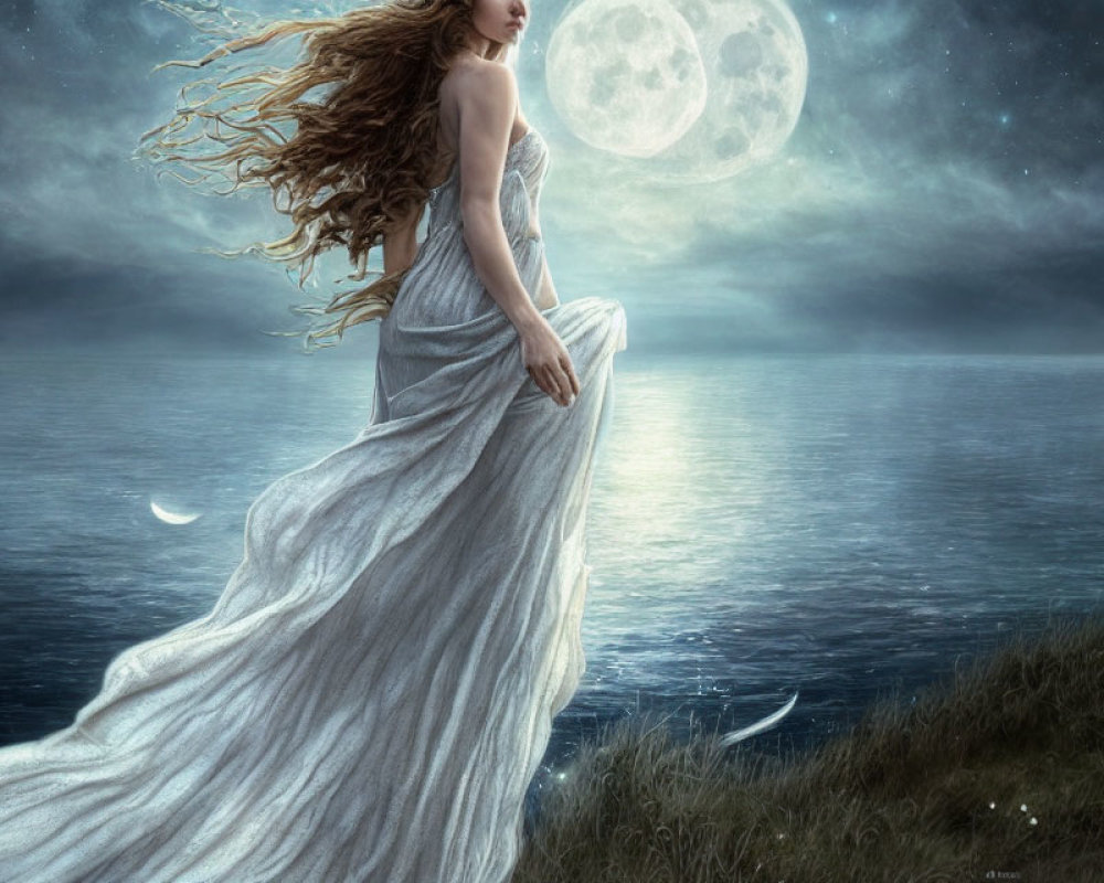 Woman in flowing gown on cliff overlooking sea under moonlit sky