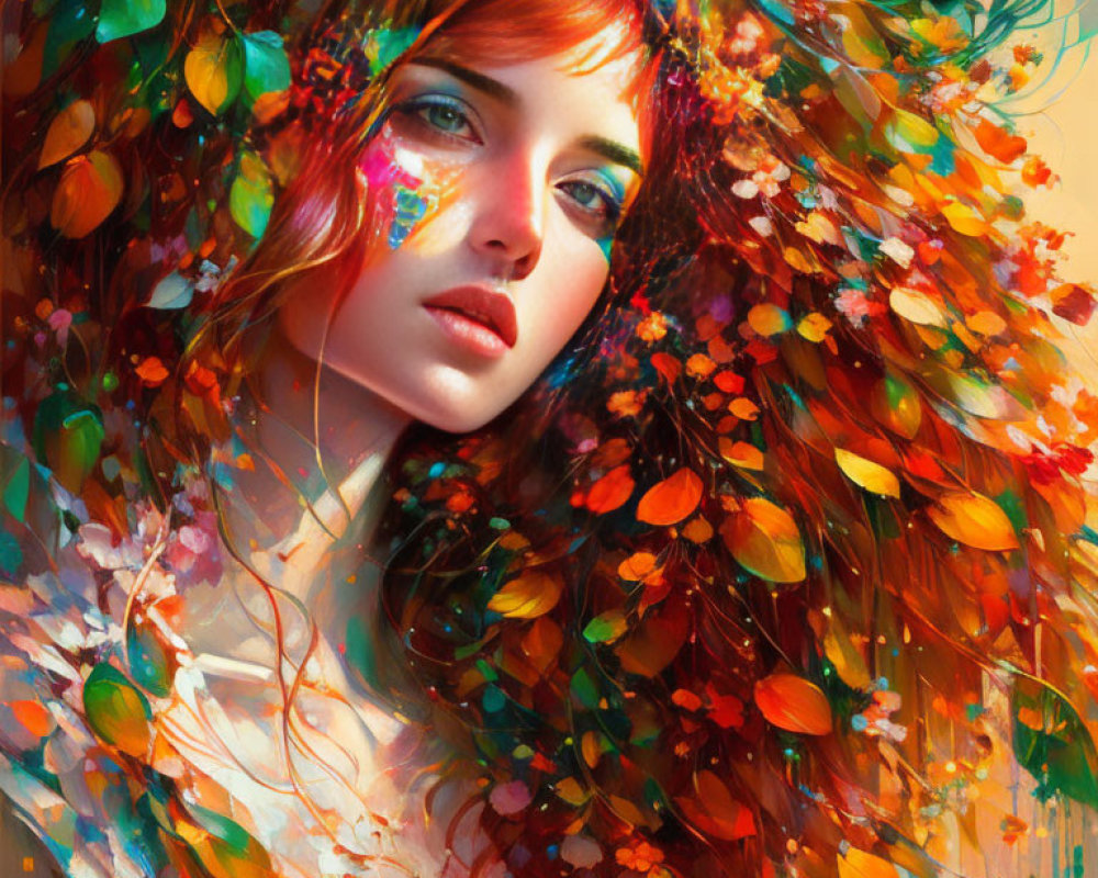 Colorful portrait of woman with flowing hair and autumn leaves for a whimsical feel