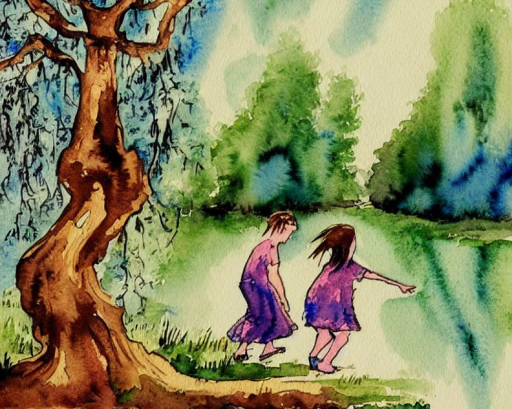 Children walking by tree in watercolor painting.