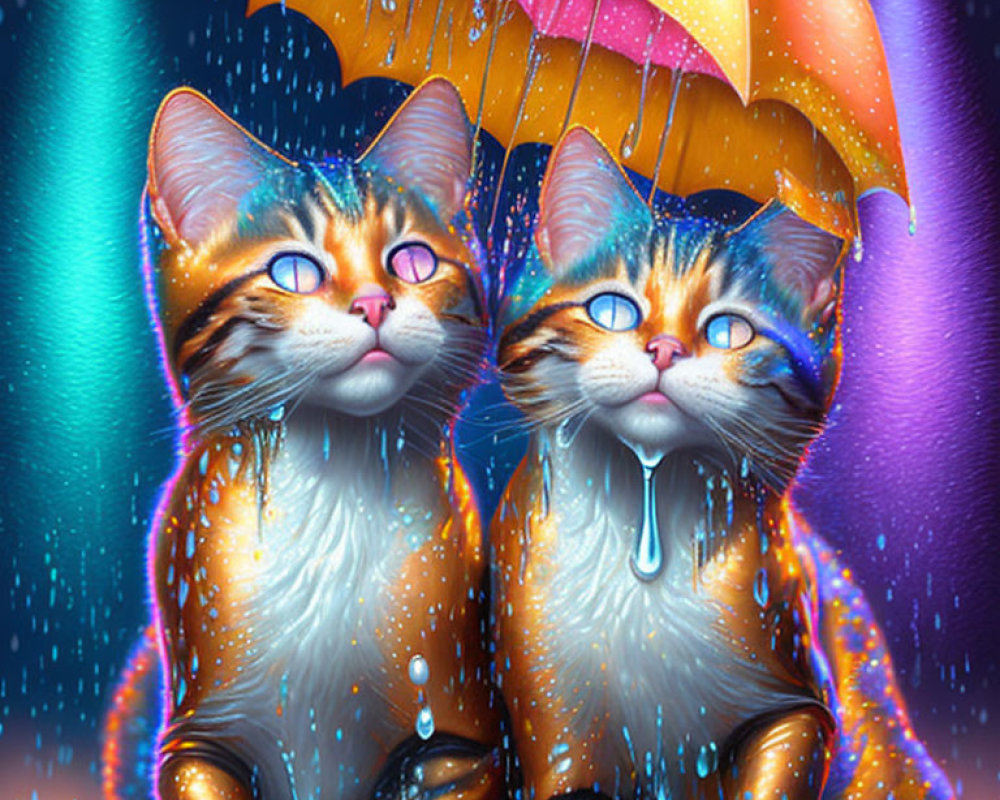 Colorful Cats Under Yellow Umbrella in Rainy Scene