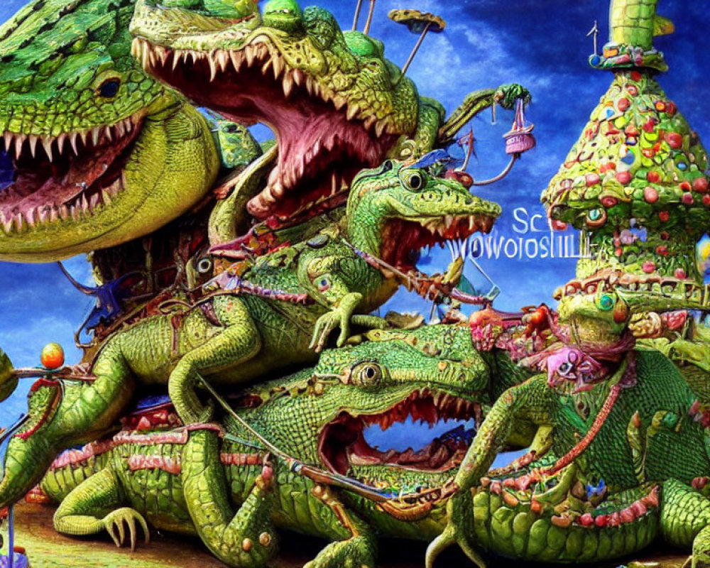 Colorful Illustration of Anthropomorphic Alligators in Chaotic Scenes