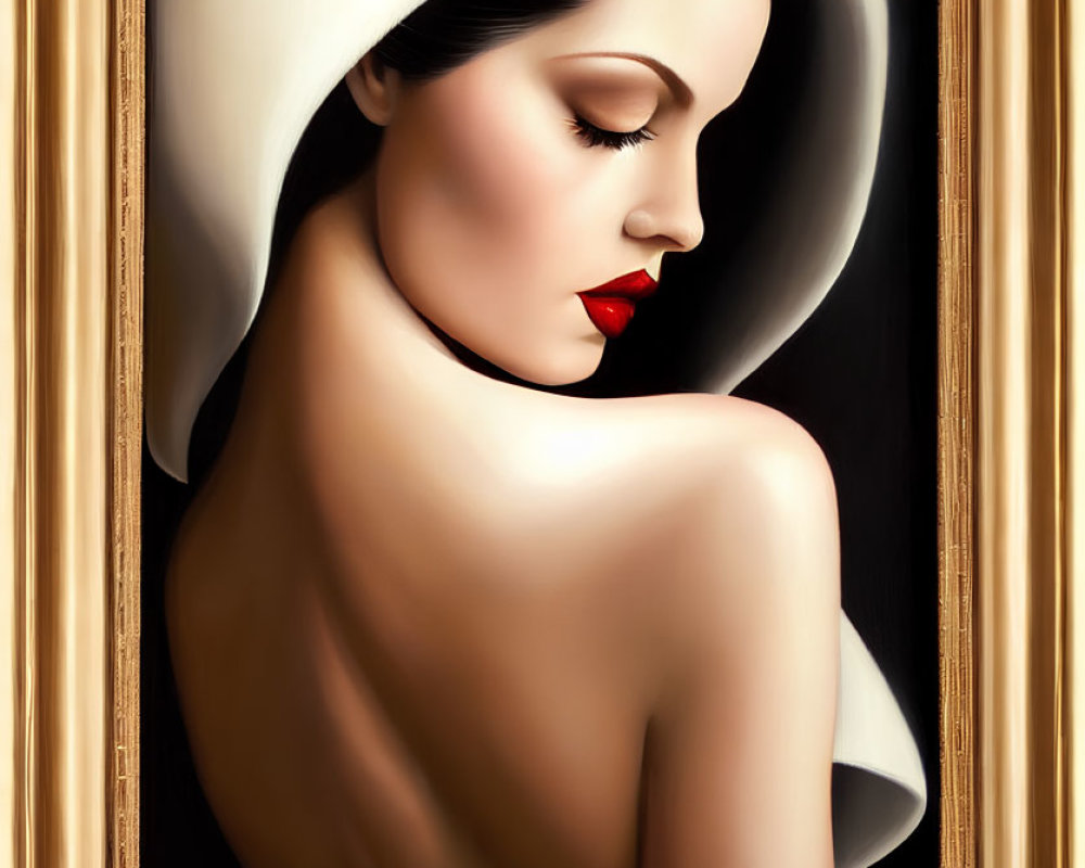 Portrait of woman with pale skin, red lips, dark hair, draped in white cloth, in orn