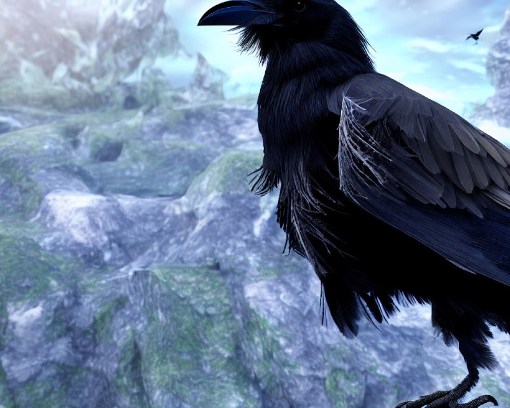 Detailed image of raven on rocky terrain with hazy mountain landscape