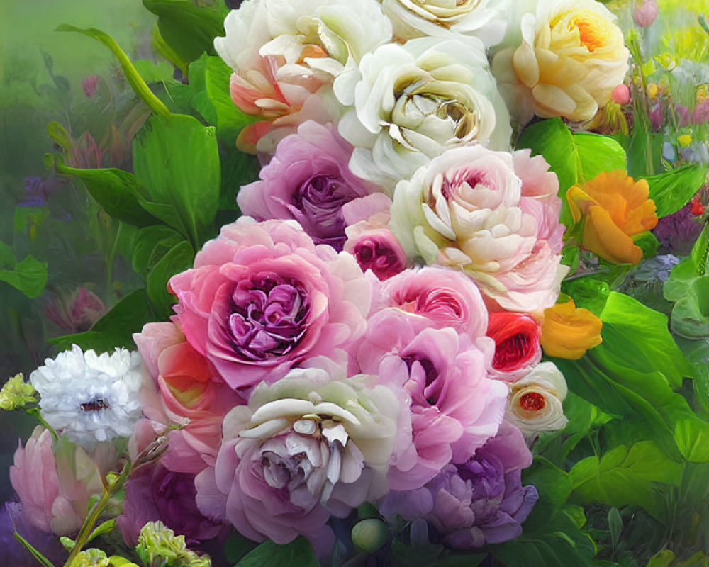 Colorful bouquet of roses and peonies on misty backdrop