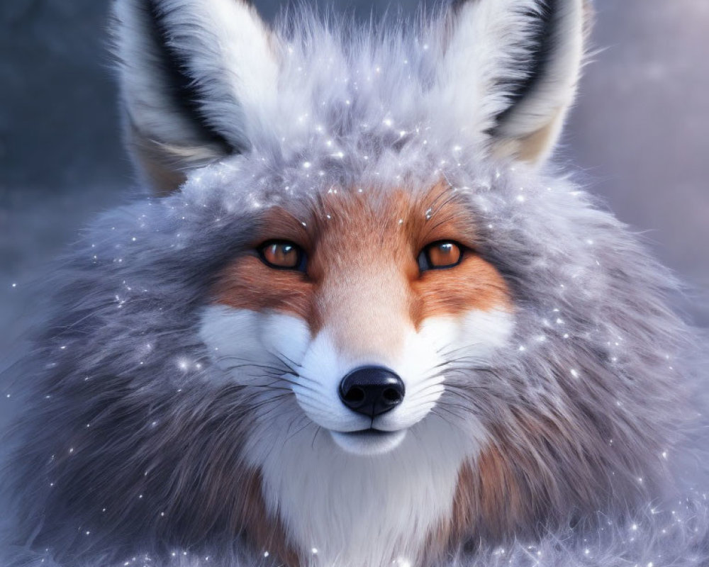 Realistic fox face with fluffy fur and amber eyes in snowfall