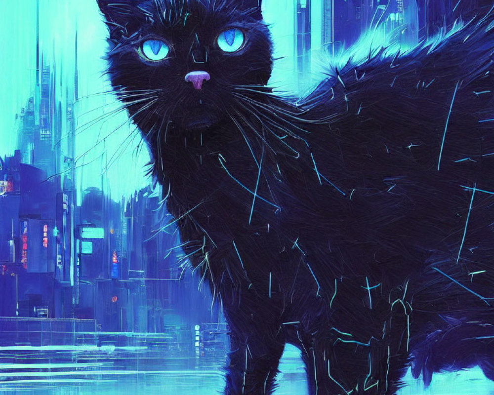 Digital Artwork: Black Cat with Blue Eyes in Neon Futuristic Cityscape