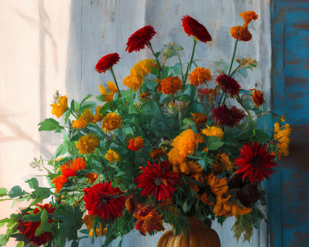 Colorful Red and Yellow Flowers in Vase with White Wall and Blue Shutter