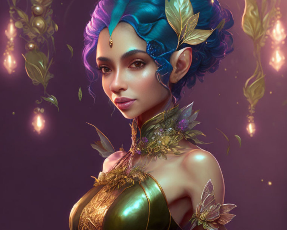 Female Figure Portrait with Blue Hair and Mystical Ambiance