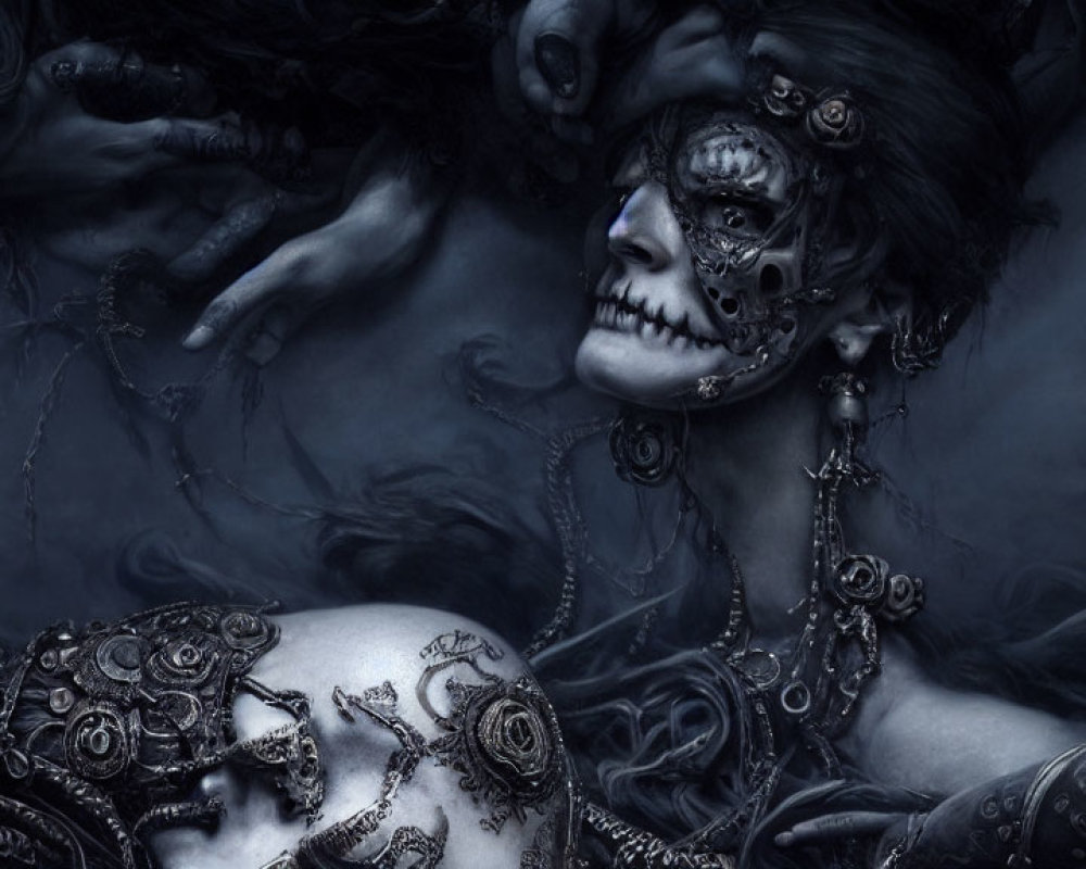 Dark Fantasy Gothic Image: Skeletal Figure with Metallic Ornaments and Ghostly Hands