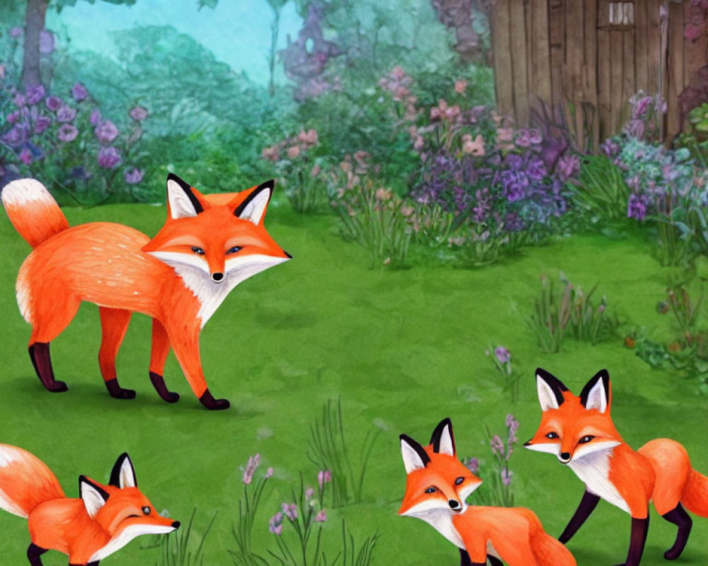 Colorful Illustration of Three Foxes in Forest Setting