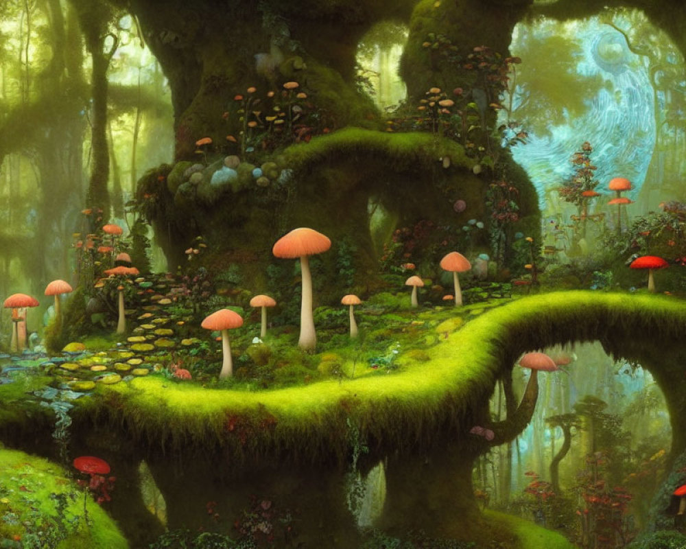 Enchanting forest scene with vibrant mushrooms and moss-covered trees