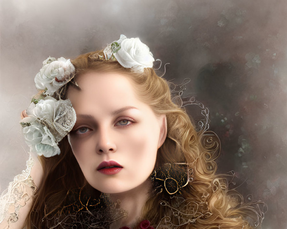 Curly-haired woman with floral adornments in thoughtful pose against dreamy backdrop