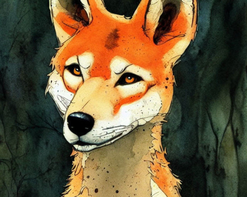 Detailed Watercolor Fox Head Illustration with Intense Gaze and Vibrant Orange Hues