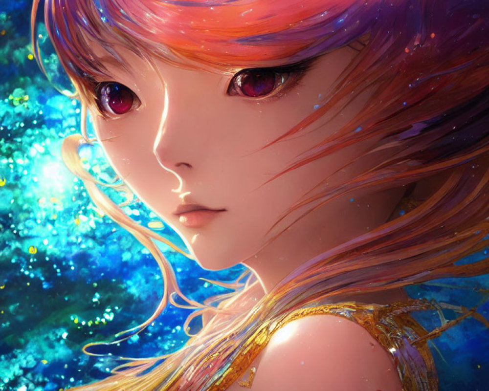 Multicolored hair girl in cosmic backdrop with purple eyes & gold accents