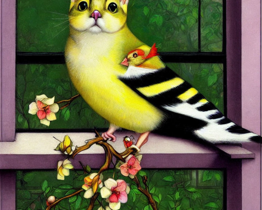 Surreal painting of cat with bird's face on windowsill with flowering branches