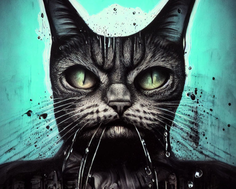 Detailed Illustration of Black Cat with Green Eyes and Dripping White Paint