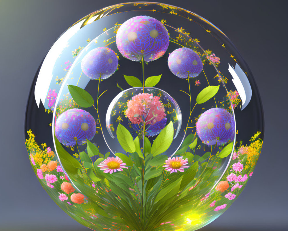 Colorful 3D illustration: Transparent sphere with diverse flowers and plants