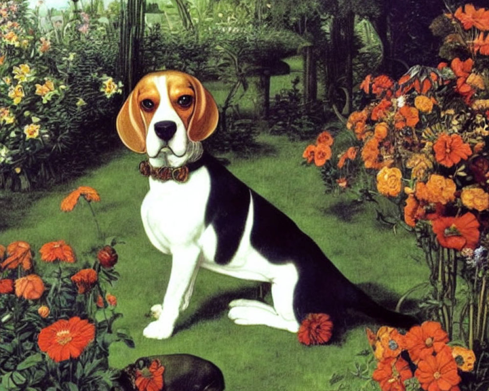 Beagle in Vibrant Garden with Colorful Flowers