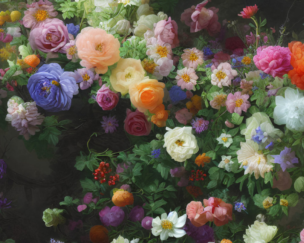 Colorful Floral Arrangement Against Shadowy Background