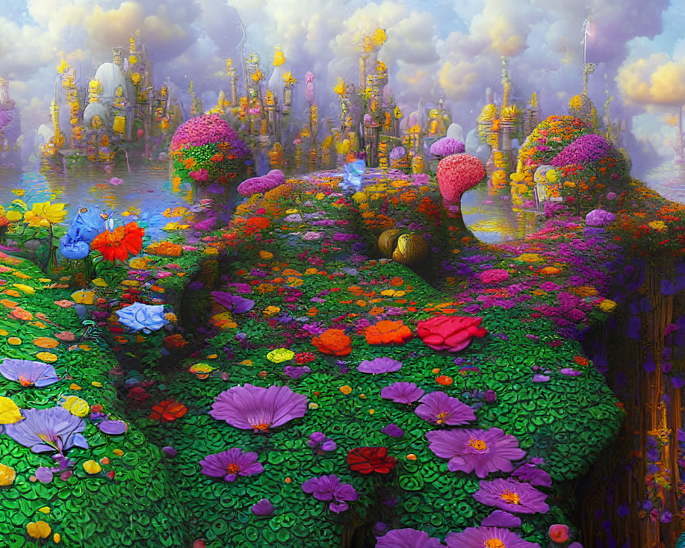 Colorful Flora and Whimsical Structures in Fantasy Landscape