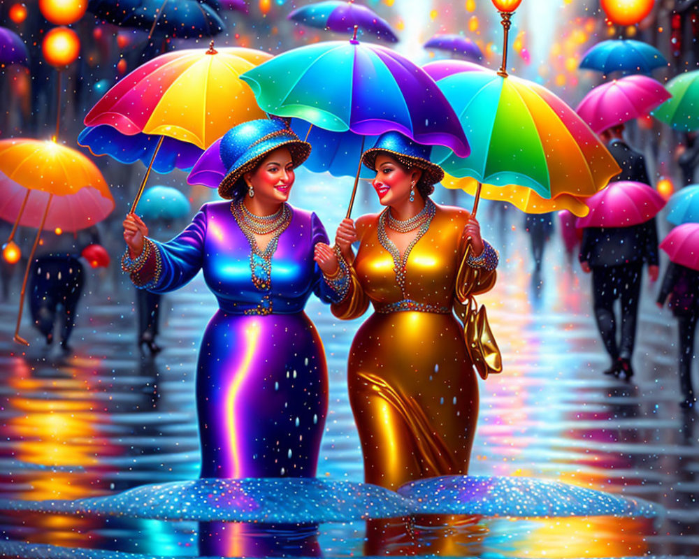 Two women in vibrant dresses with umbrellas on rainy city street.