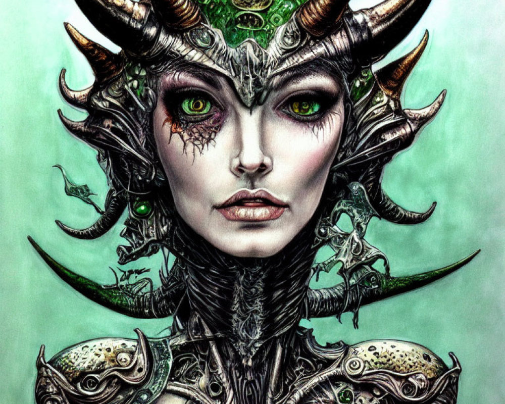 Fantasy artwork of female character with green skin in horned helmet and armor on green backdrop