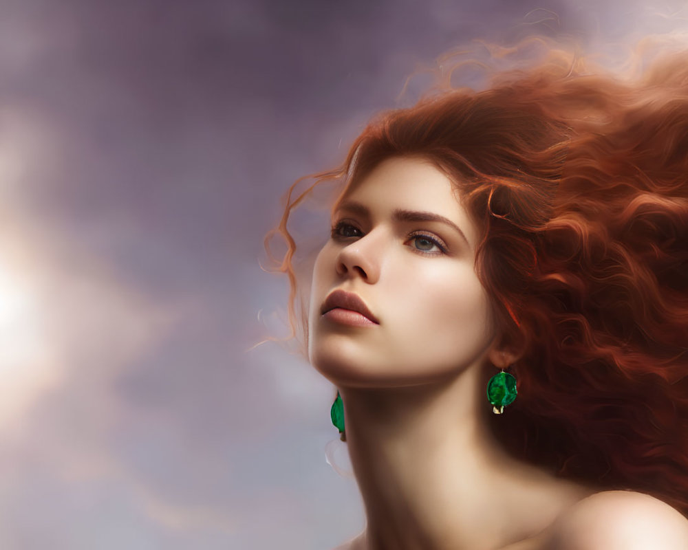 Woman with Voluminous Red Hair and Blue Eyes Wearing Green Earrings