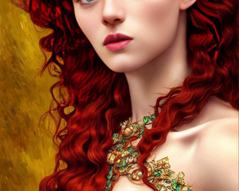 Vivid red-haired woman in ornate green and gold attire on golden backdrop