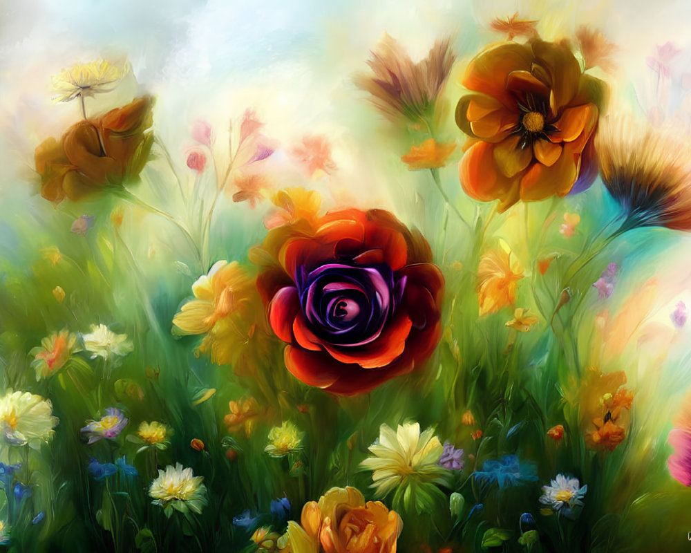 Impressionistic painting of lush flower field with dark red rose