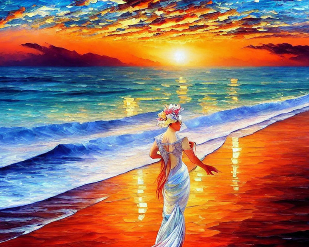 Woman in flowing dress walks on shoreline at sunset with vibrant orange clouds.