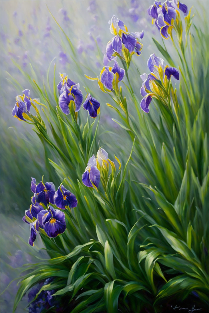 Purple Iris Flowers Painting with Green Foliage on Soft Purple Background