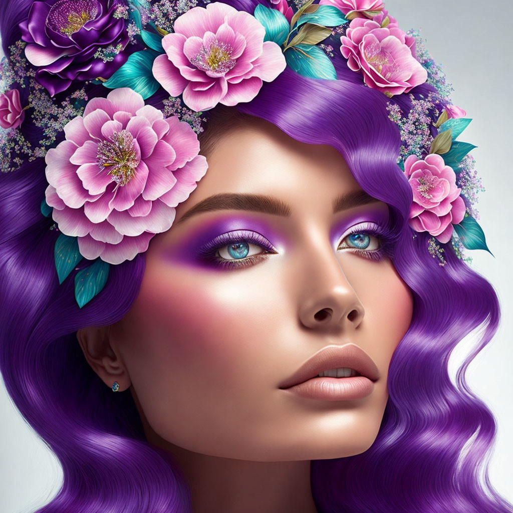 Woman with Purple Hair, Flower Crown, Blue Eyes, and Purple Makeup