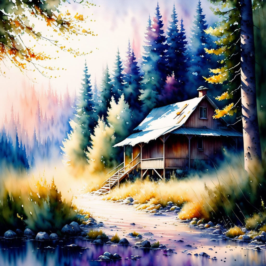 Autumnal trees and winter snow surround a secluded cabin in serene painting