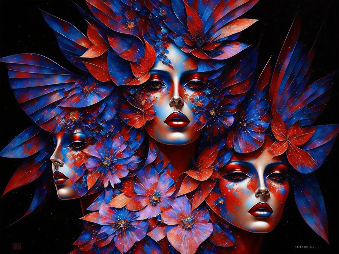 Digital artwork featuring three female faces with floral adornments on a starry night backdrop