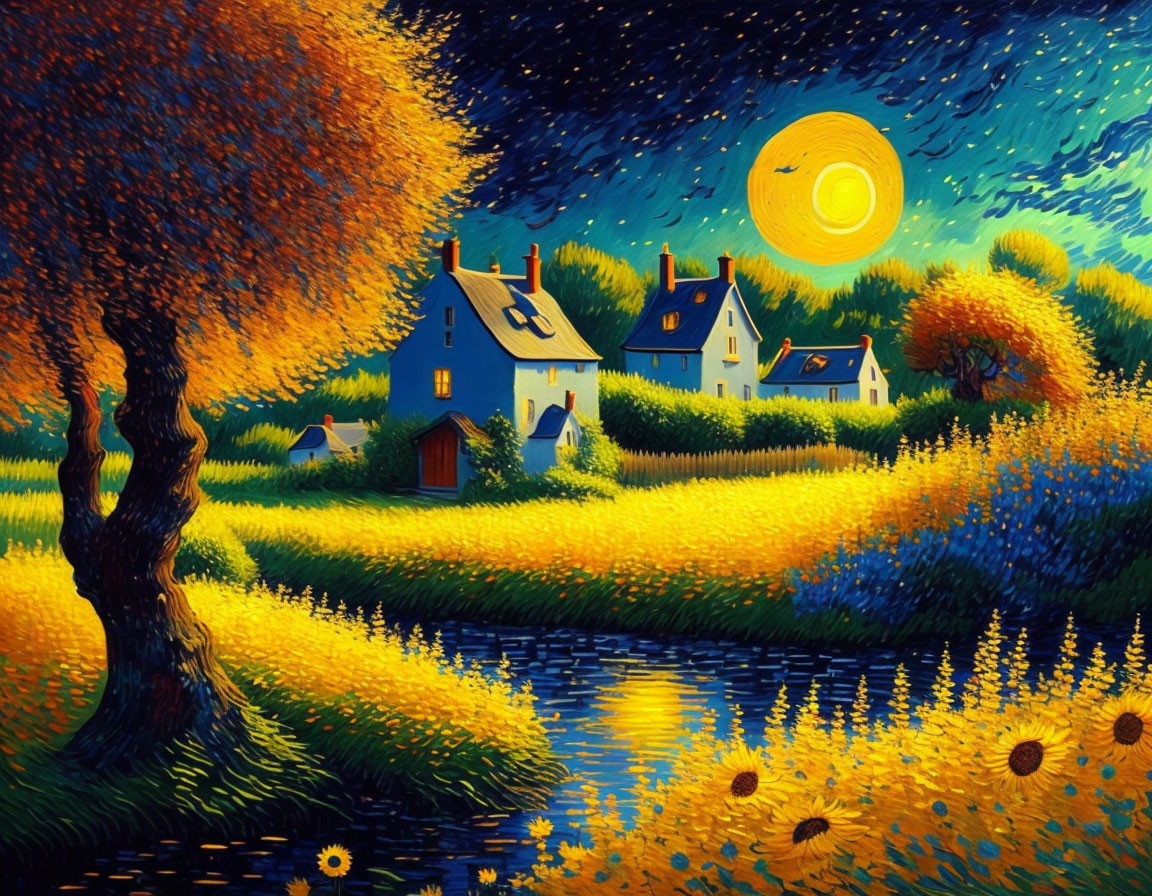 Vibrant painting: Cottages, yellow flowers, starry sky, yellow moon