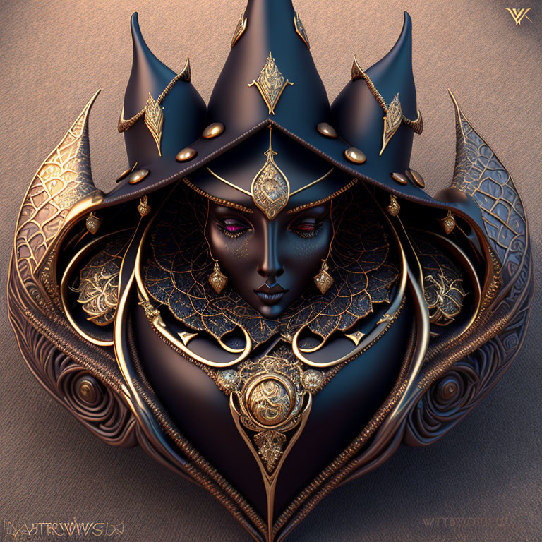 Stylized female figure with crown and purple eyes in digital artwork