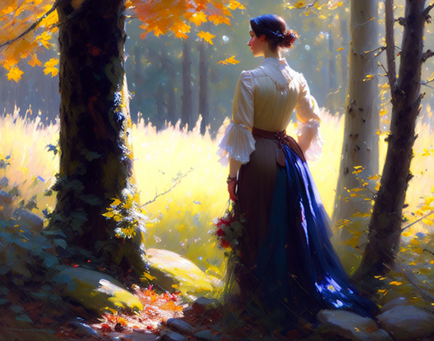 Vintage attired woman in sunlit forest with bouquet and falling autumn leaves