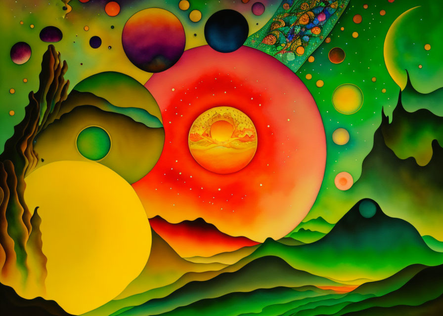 Colorful Planets and Red Sun in Surreal Landscape