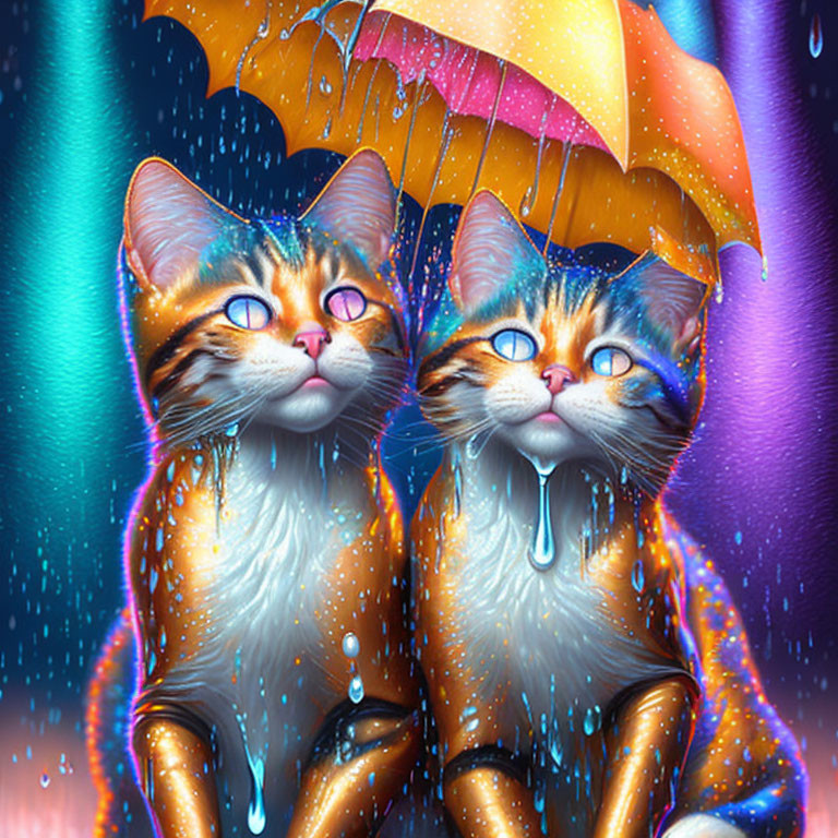 Colorful Cats Under Yellow Umbrella in Rainy Scene