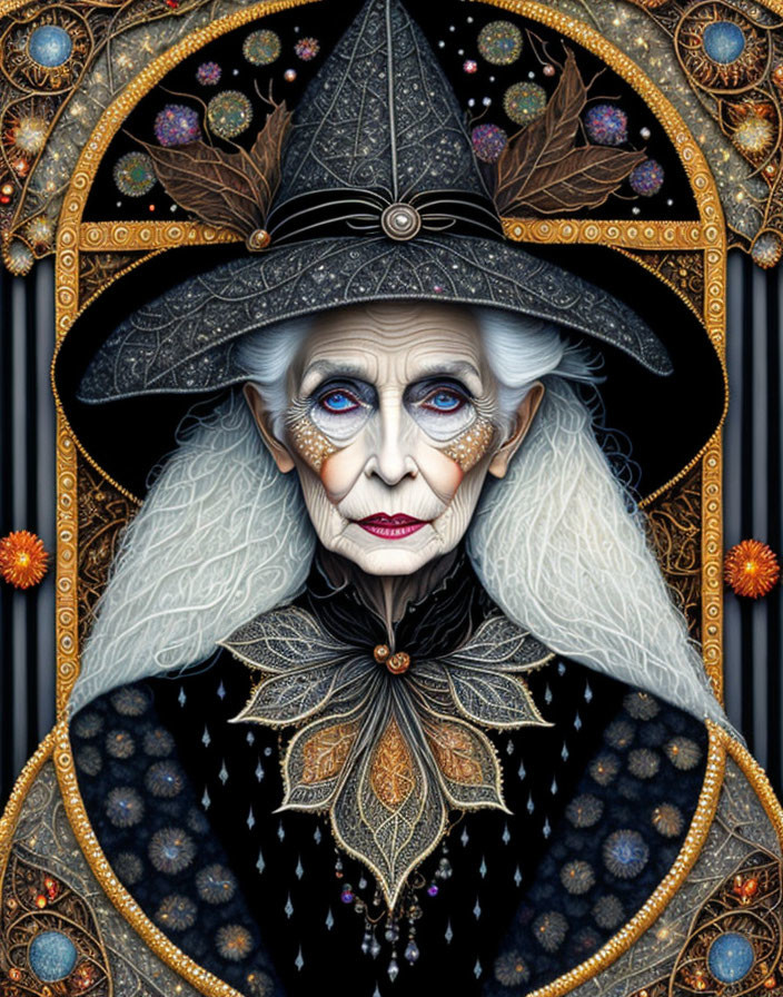 Elderly woman with blue eyes in witch's hat in celestial border